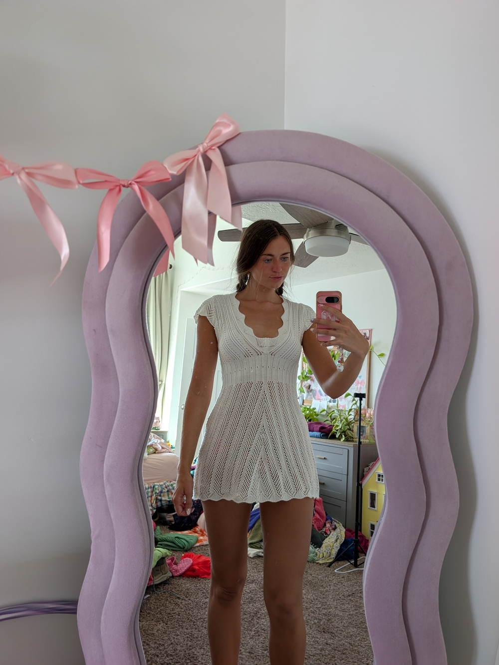 Cream Knit Mini Dress with Scalloped V-Neck Size Large